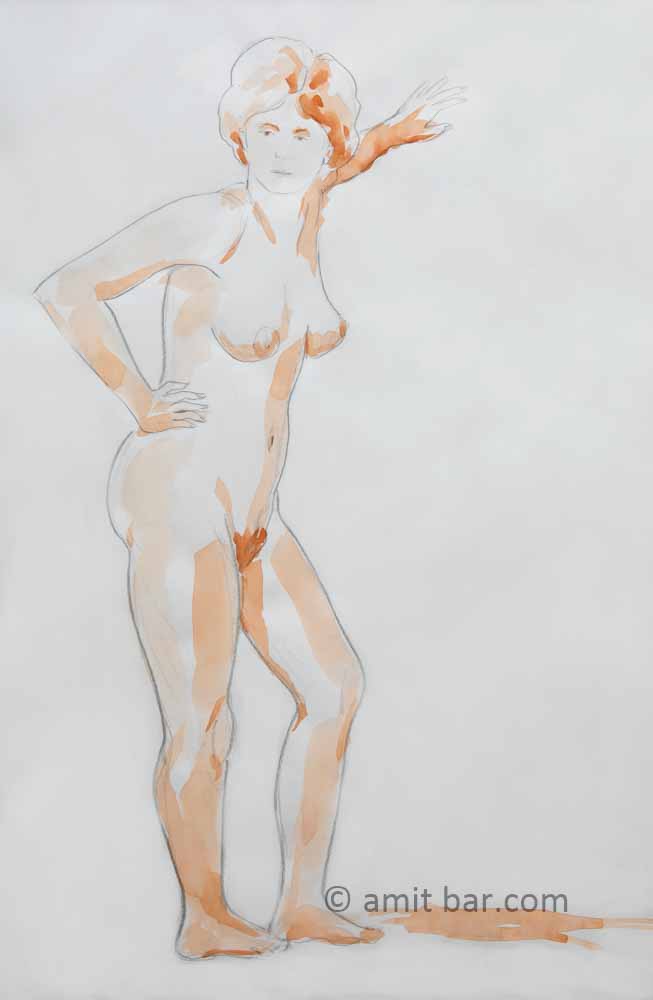 Nude figure leaning against a wall