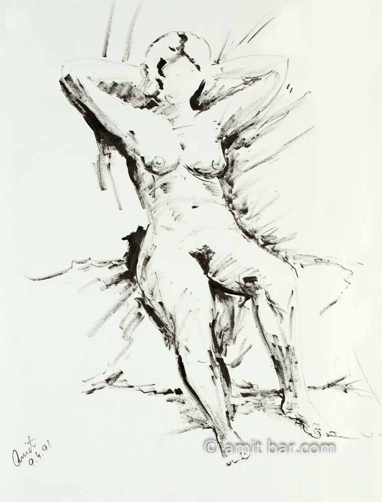 Nude figure leaning backwards. Black ink