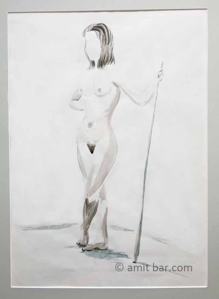 Nude figure leaning on a stick
