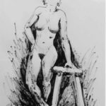 Nude figure leaning on a stool. Black ink