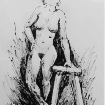 Nude figure leaning on a stool