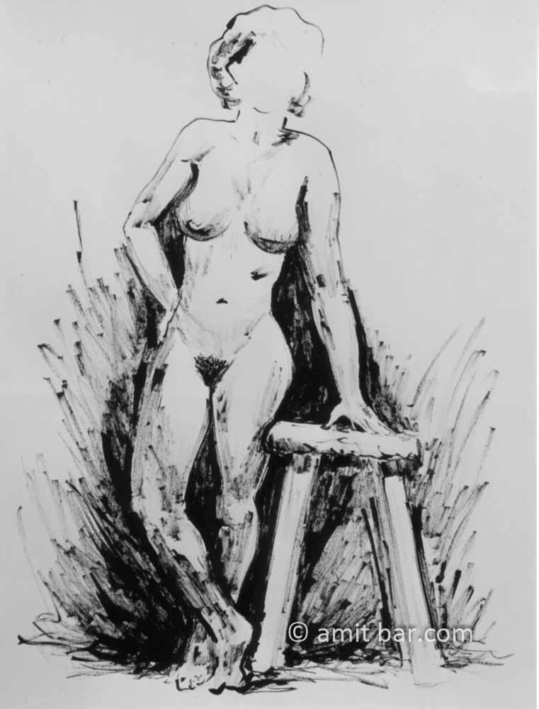 Nude figure leaning on a stool. Black ink