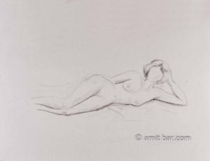 Nude figure leaning on elbow. Pencil drawing
