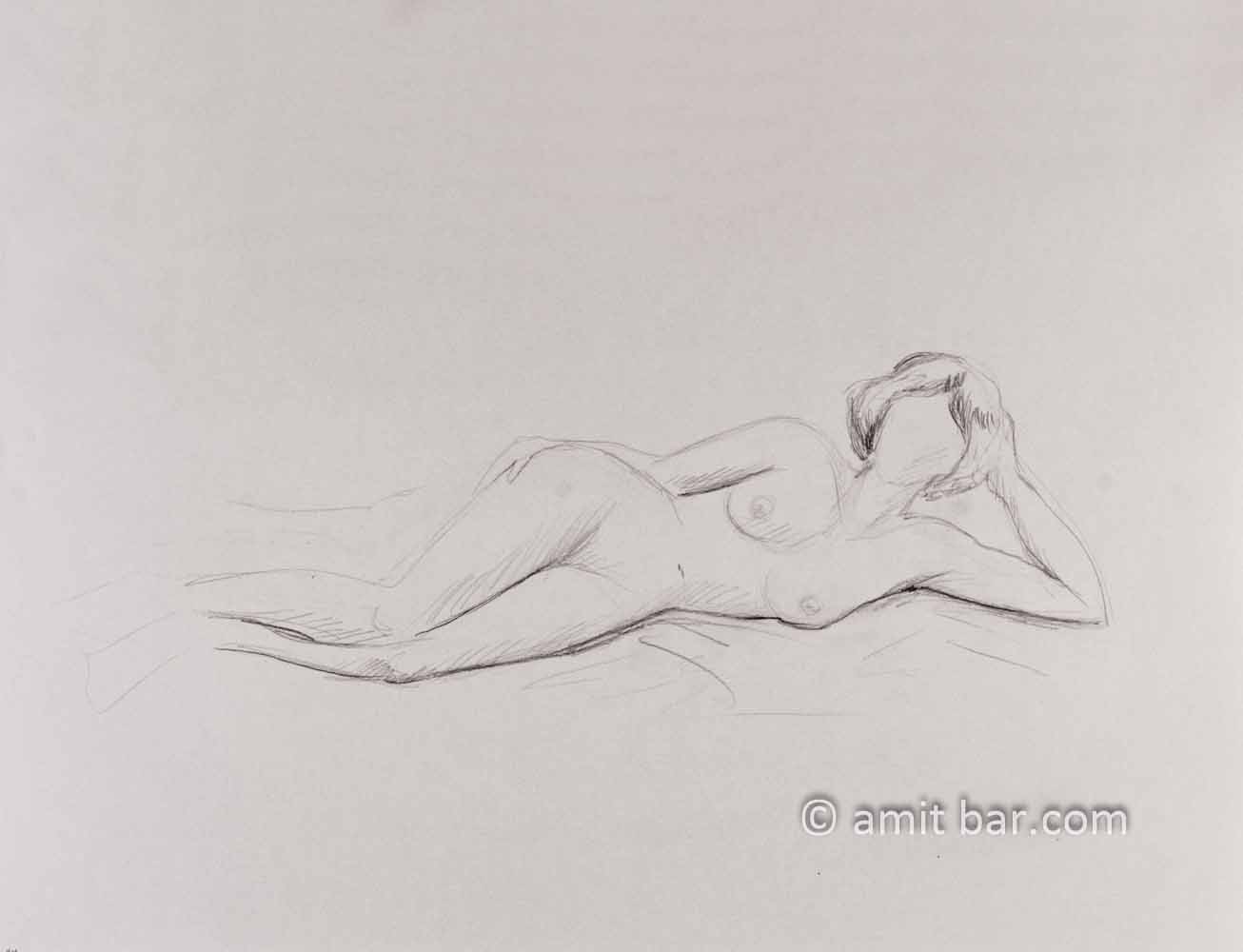 Nude figure leaning on elbow. Pencil drawing