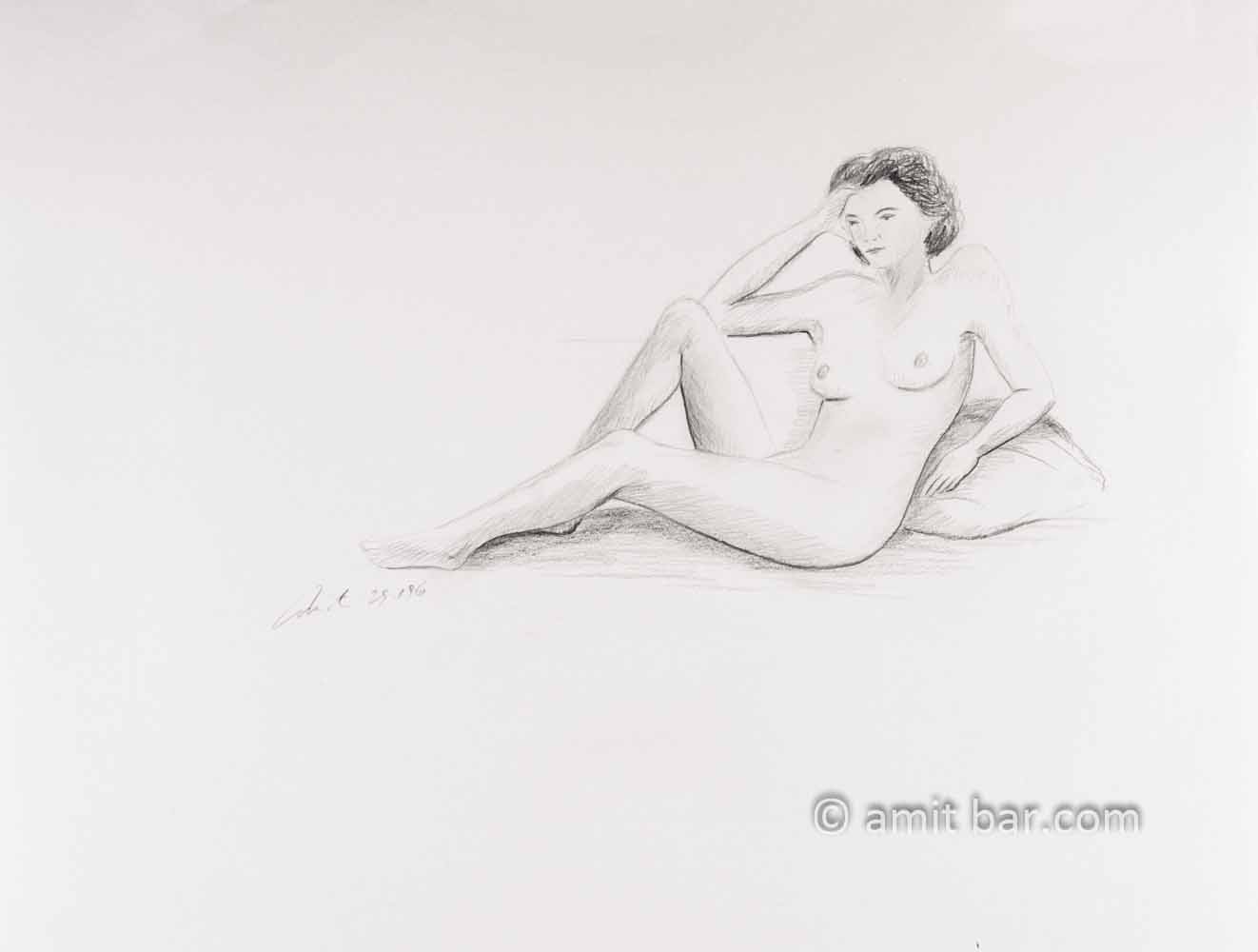 Nude figure leaning on her knee. Pencil drawing