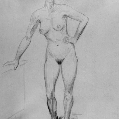 Nude figure leaning on small cupboard