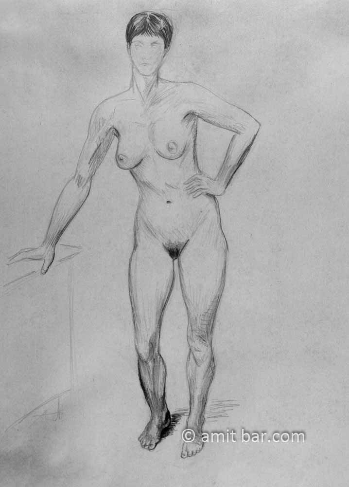 Nude figure leaning on small cupboard