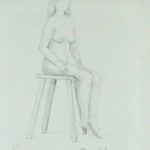 Nude figure on high stool. Pencil deawing