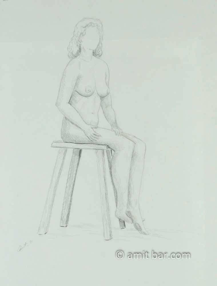Nude figure on high stool. Pencil deawing