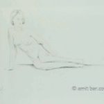 Nude figure sitting on the floor. Pencil drawing