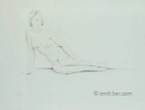 Nude figure sitting on the floor. Pencil drawing