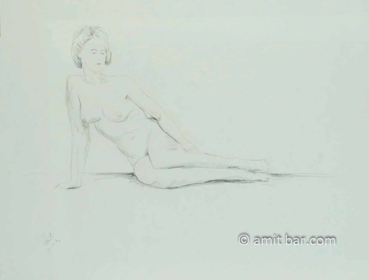 Nude figure sitting on the floor. Pencil drawing