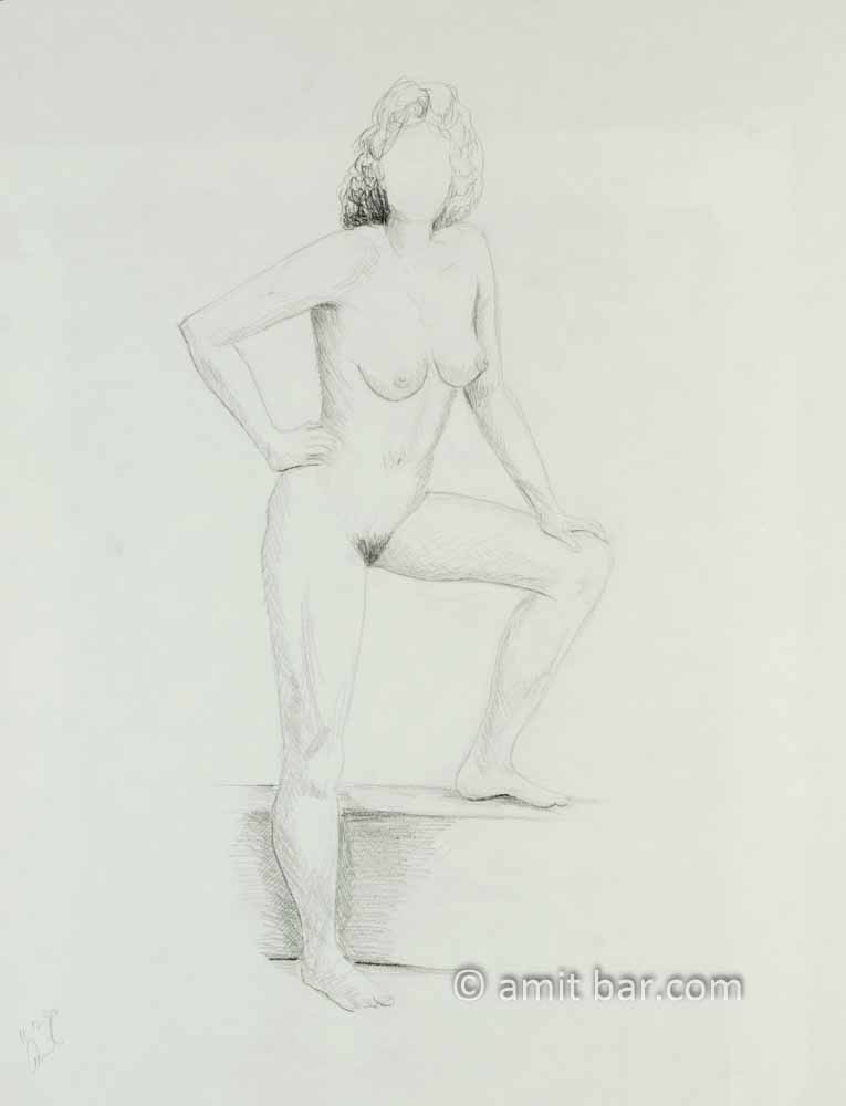 Nude figure with leg on box. Pencil drawing