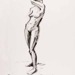Nude figure with one arm behind head. Black ink