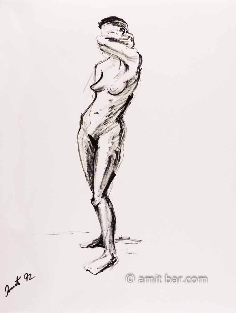 Nude figure with one arm behind head. Black ink