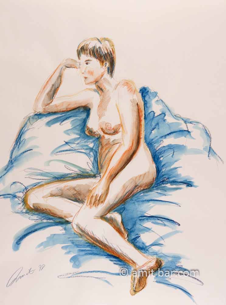 Nude in blue and red. Colored water chalks