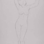 Nude leaning agaist ceiling. Pencil drawing