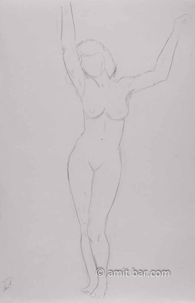 Nude leaning agaist ceiling. Pencil drawing