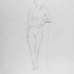 Nude leaning on high box. Pencil drawing