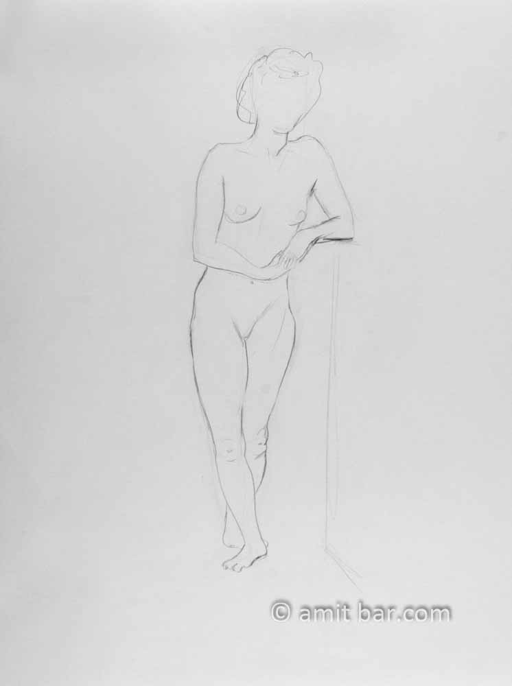 Nude leaning on high box. Pencil drawing