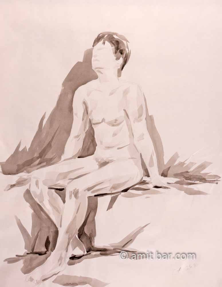 Nude man sits on a box. Aquarel