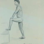 Nude man with leg on box. Pencil drawing