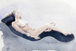 Nude model lying on a relaxing chair. Aquarel