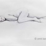 Nude model lying with left leg at her knee. Pencil drawing
