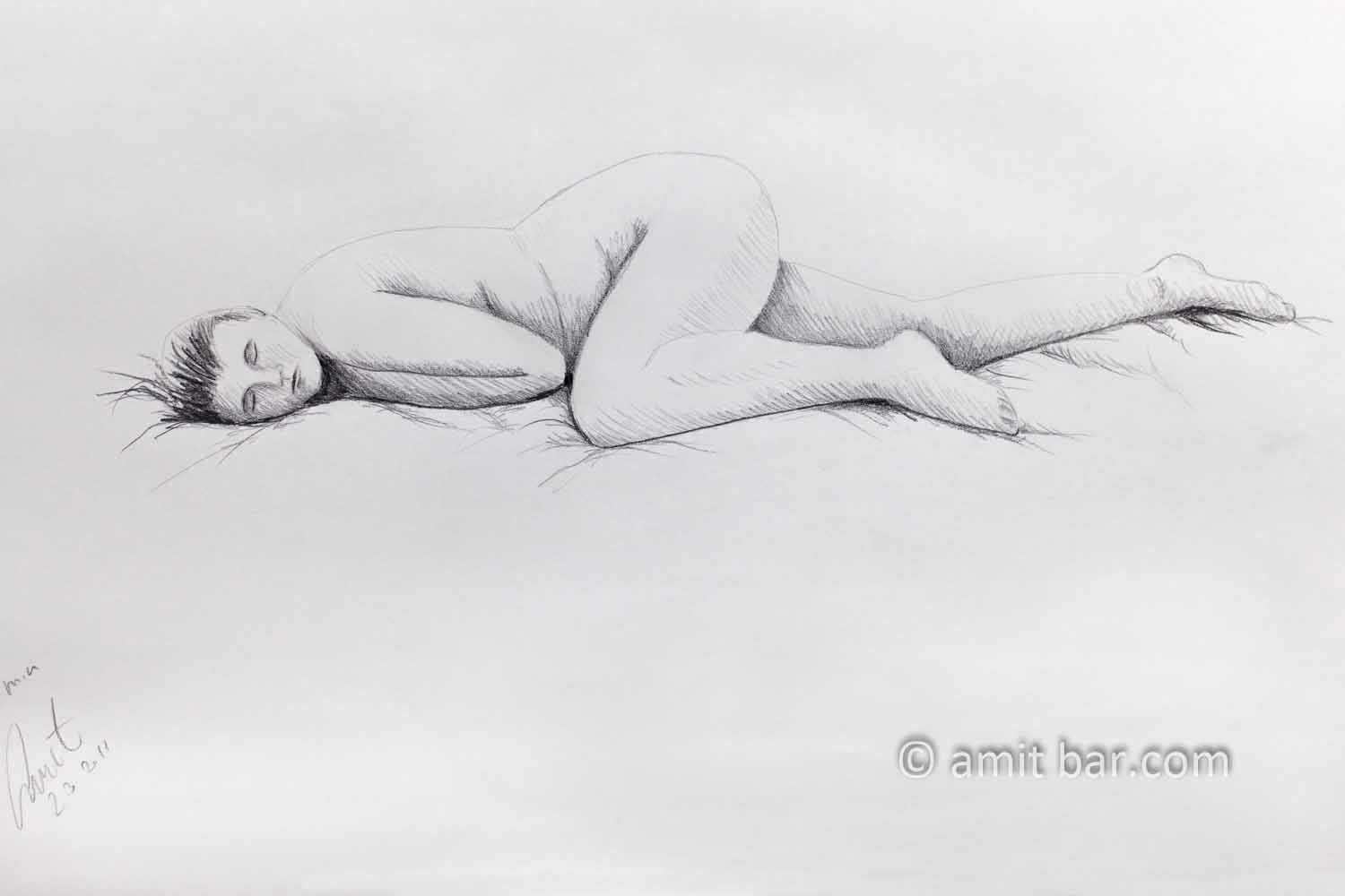 Nude model lying with left leg at her knee. Pencil drawing