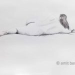 Nude model lying with left leg in front of her. Pencil drawing