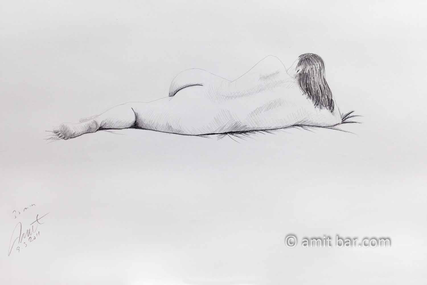 Nude model lying with left leg in front of her. Pencil drawing