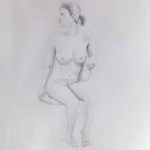 Nude model seated on a chair, looking to the right. Pencil drawing