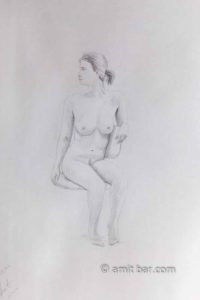 Nude model seated on a chair, looking to the right. Pencil drawing