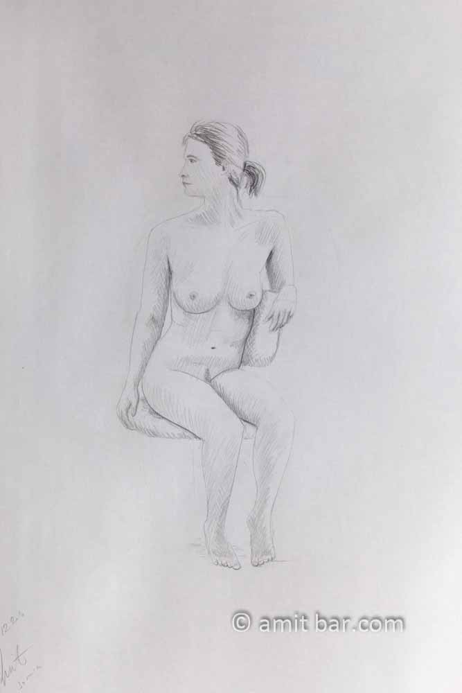 Nude model seated on a chair, looking to the right. Pencil drawing