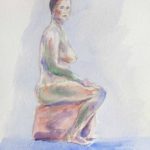 Nude model sitting on a block. Aquarel