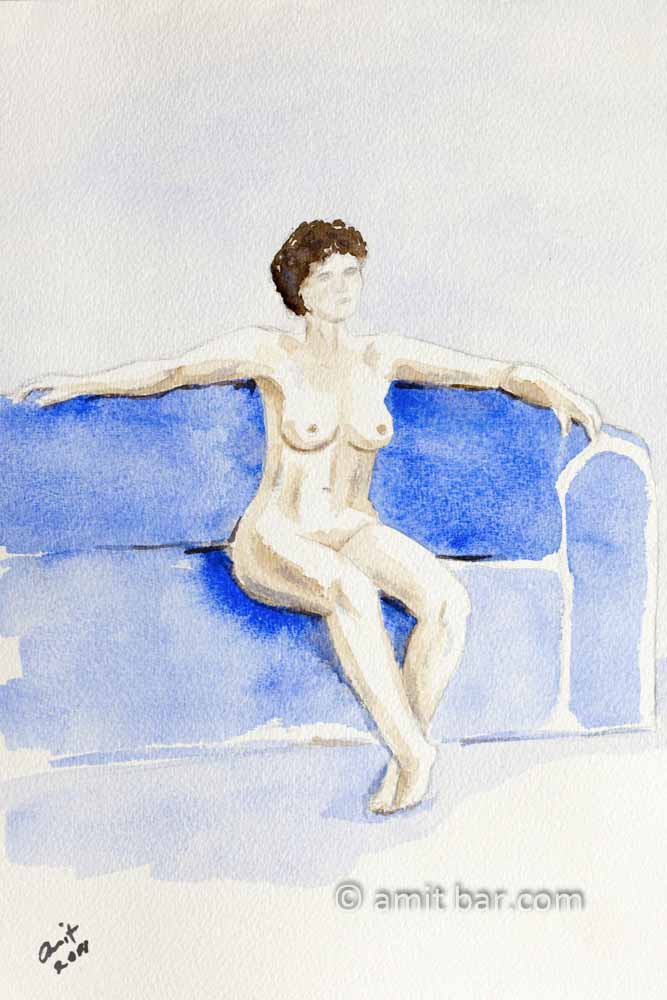 Nude model sitting on a sofa with arms aside. Aquarel