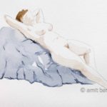 Nude model sitting on a sofa with arms behind her head. Aquarel