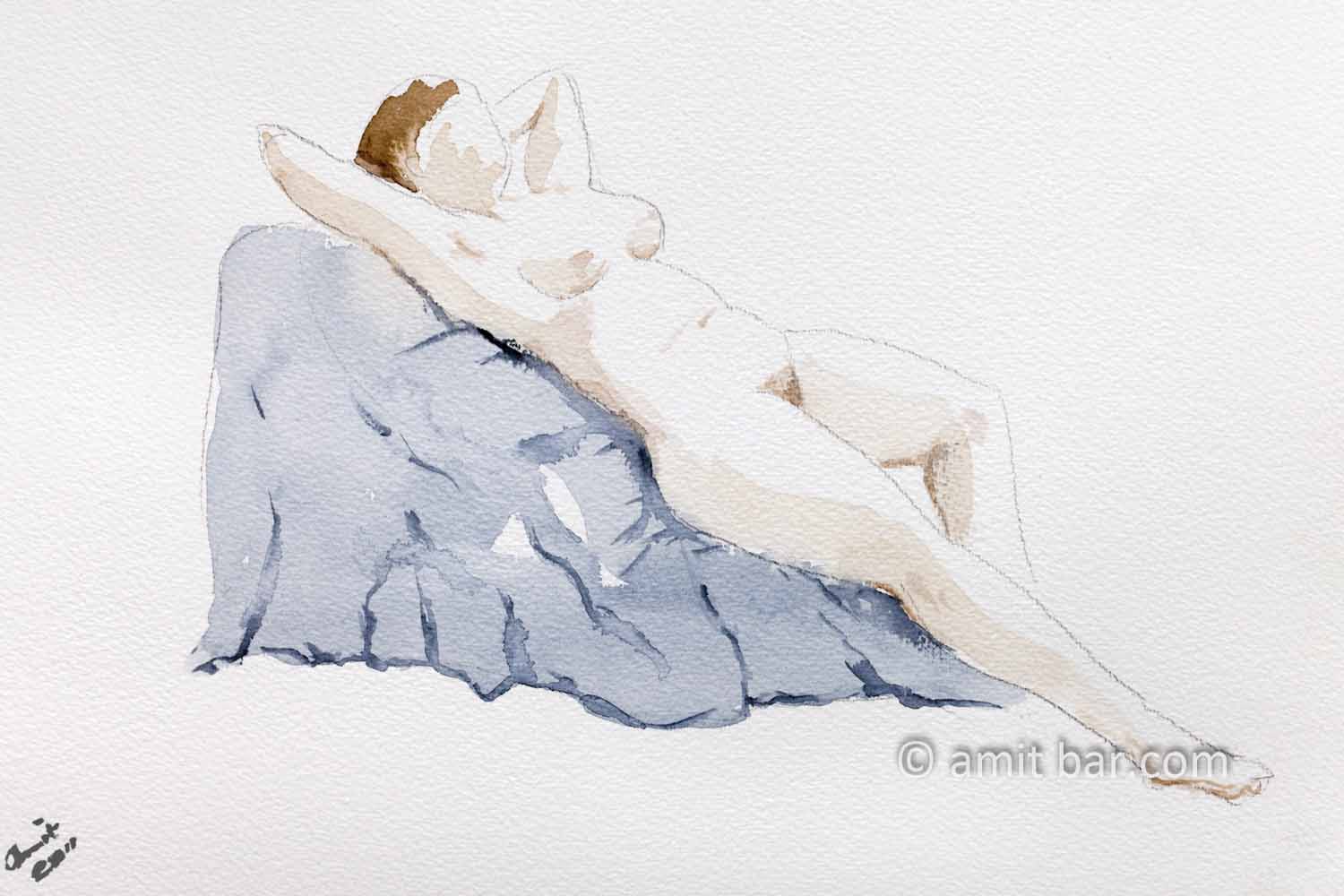 Nude model sitting on a sofa with arms behind her head. Aquarel