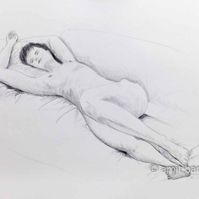 Nude model sleeping on a sofa