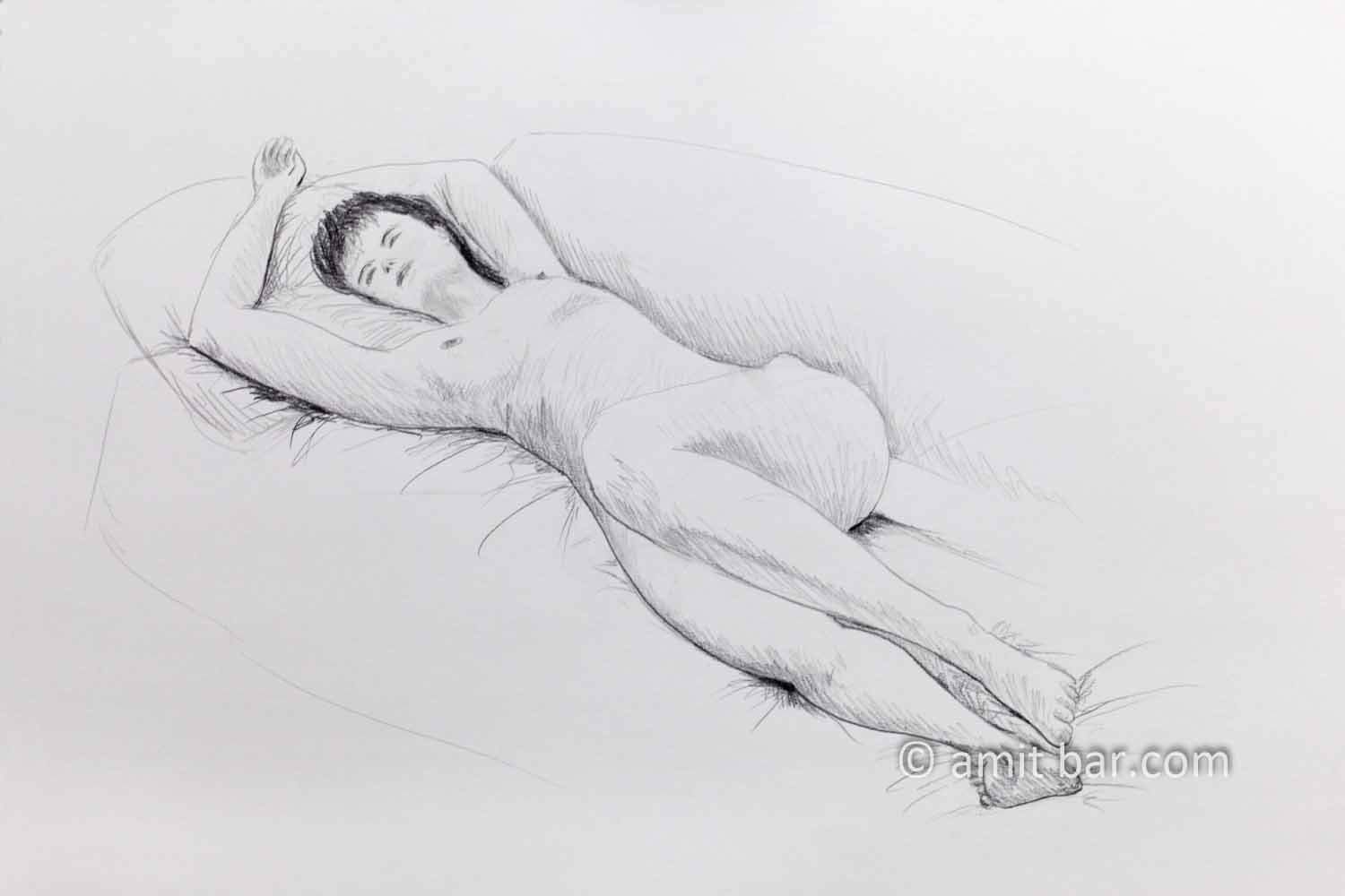 Nude model sleeping on a sofa. Pencil drawing