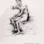 Nude old man on sitting cushion. Ink drawing
