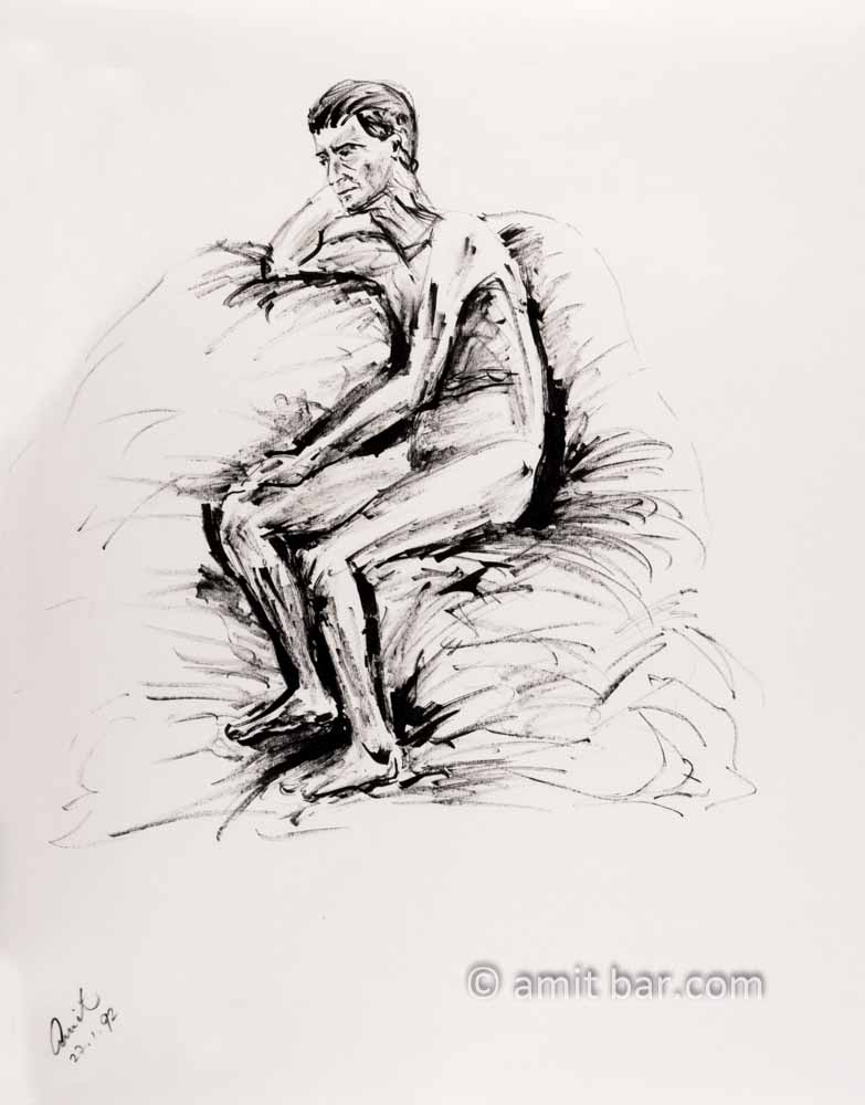 Nude old man on sitting cushion. Ink drawing