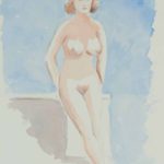 Nude woman leaning on box. Aquarel