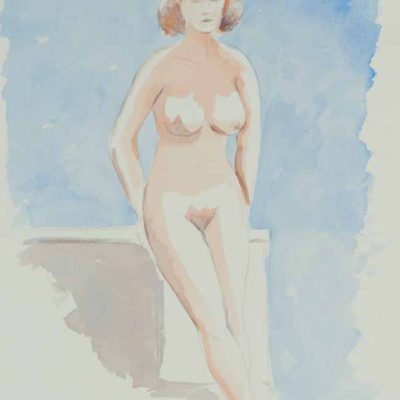 Nude woman leaning on box