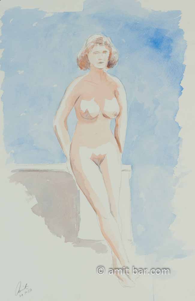 Nude woman leaning on box. Aquarel