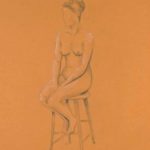 Nude woman on high stool. Pencil on colored paper