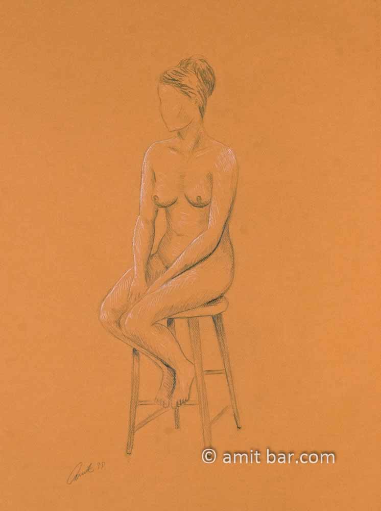 Nude woman on high stool. Pencil on colored paper
