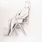 Nude woman on wooden chair. Pencil drawing