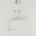 Nude woman sitting on a low box. Pencil drawing