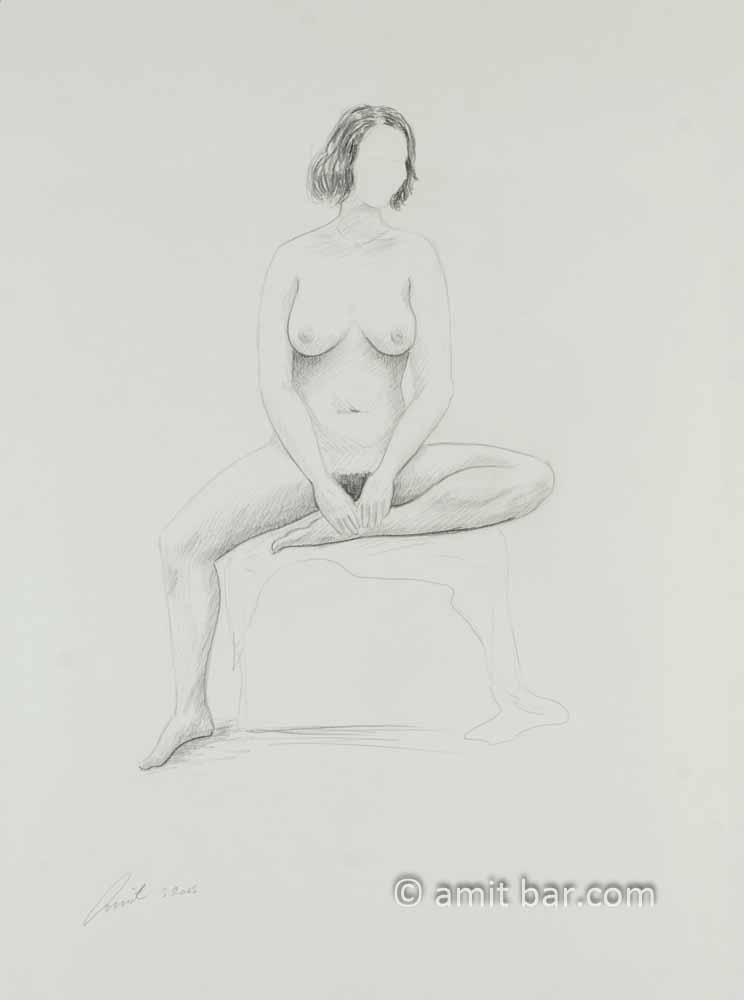 Nude woman sitting on a low box. Pencil drawing